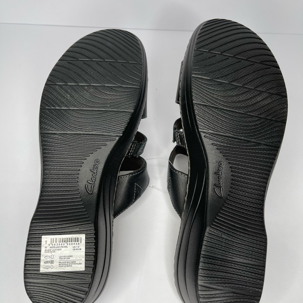 NWOB Clarks Women 9.5 Merliah Pearl Black Leather Wedge Comfort Slip on Sandal - Picture 5 of 5